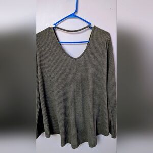 Olive Waffle Knit Twist Boho Tie Back Long Sleeve Thin Ribbed Knit Sweater